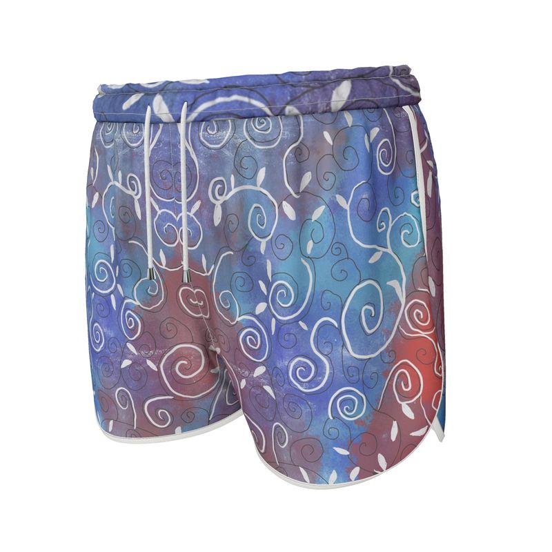 White Swirls on Blue and Red Womens Running Shorts