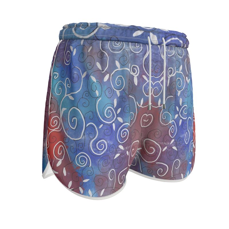 White Swirls on Blue and Red Womens Running Shorts