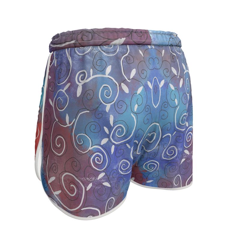 White Swirls on Blue and Red Womens Running Shorts