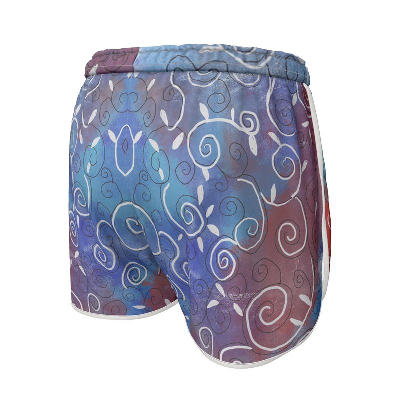 White Swirls on Blue and Red Womens Running Shorts