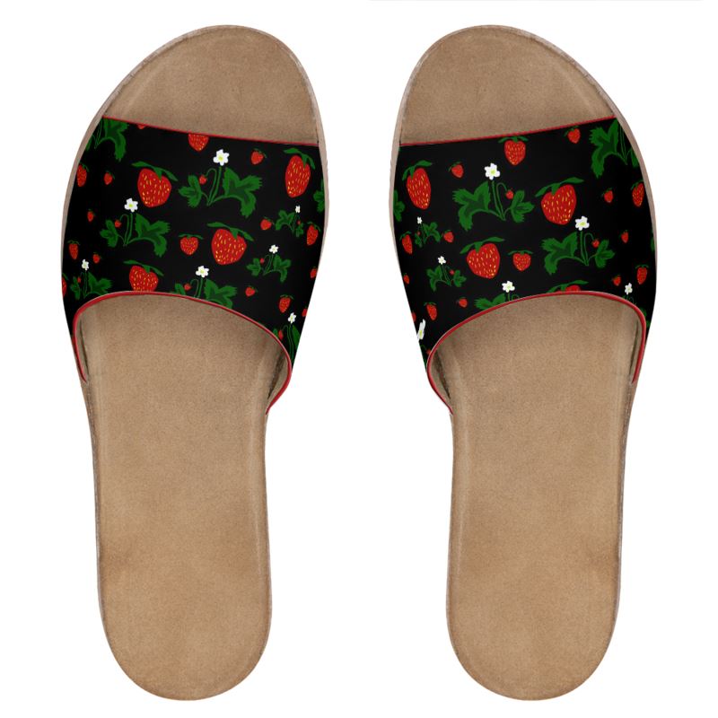 Wild Strawberries Pattern Leather Sliders