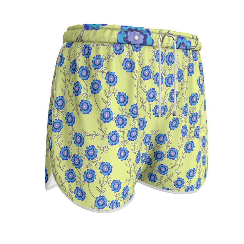 Blue Flowers On yellow Womens Running Shorts