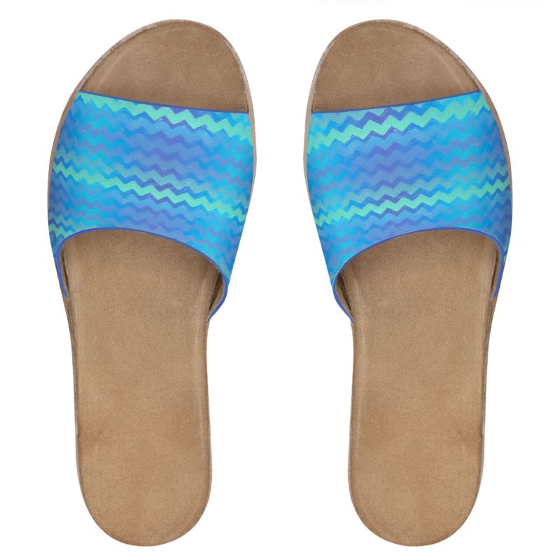 Blue Green Mermaid Stripes leather Sliders