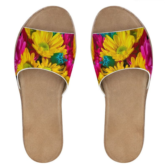 Bright daisy Bouquet Leather Sliders