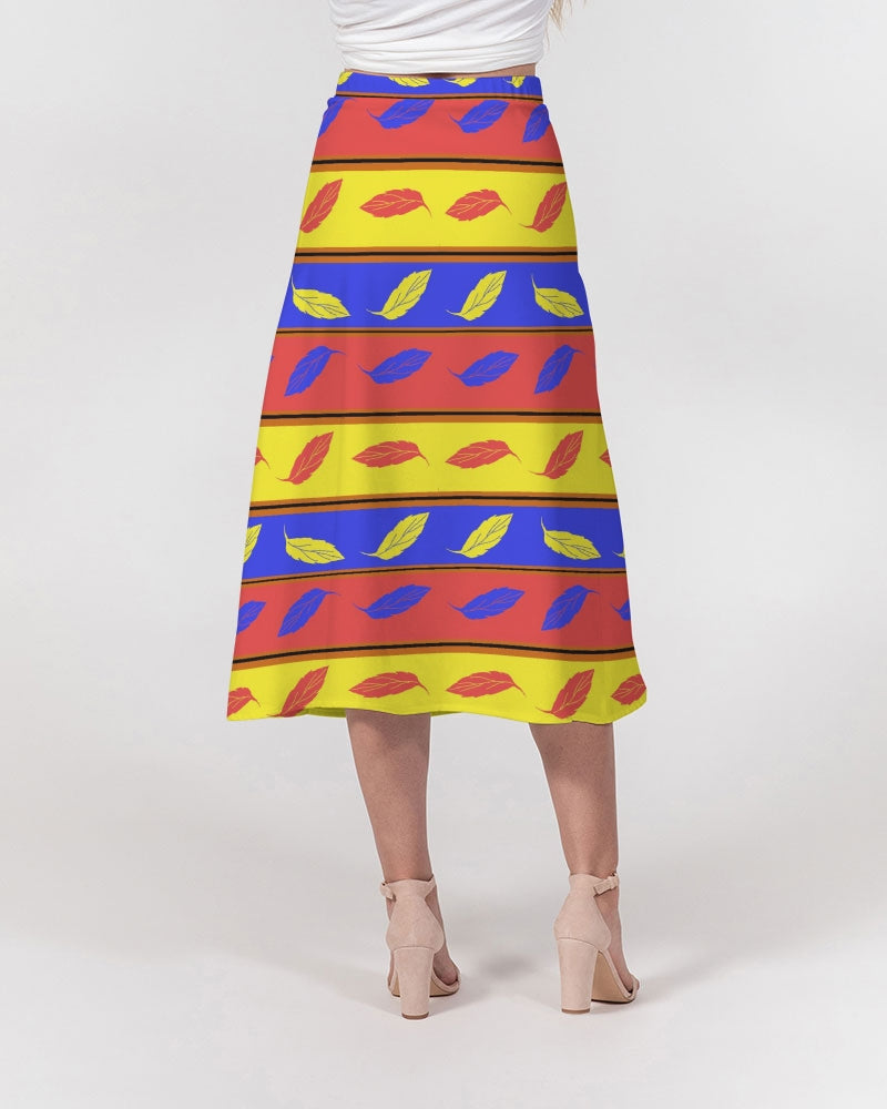 Red Yellow and Blue Leaf Stripes Women's A-Line Midi Skirt