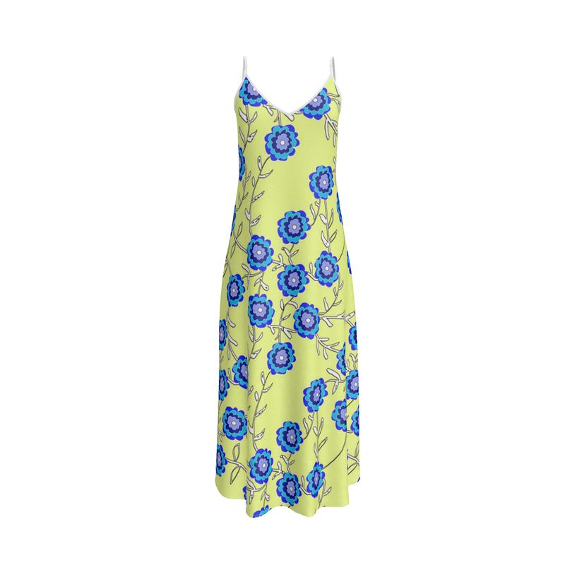 Blue Flowers On Yellow Slip Dress