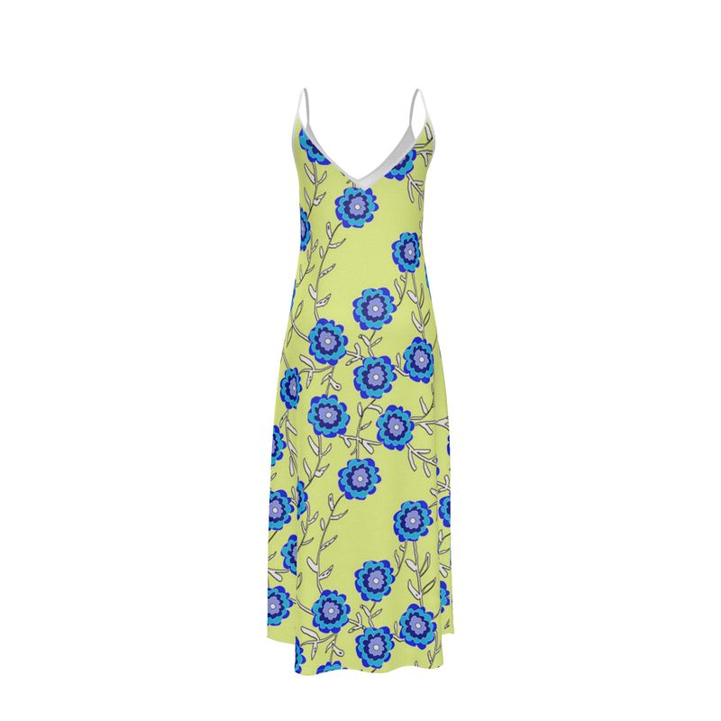 Blue Flowers On Yellow Slip Dress