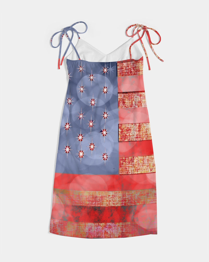 American Flag In Bokeh Light Women's Tie Strap Split Dress