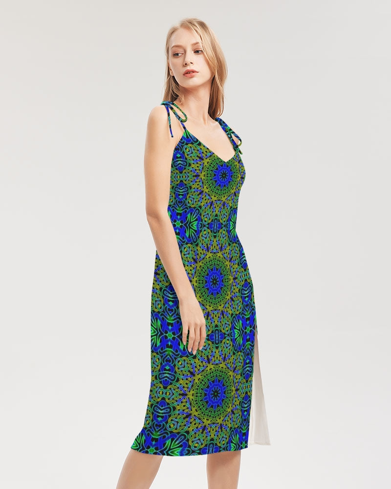 Blue Green Celtic Kaleidoscope Women's Tie Strap Split Dress