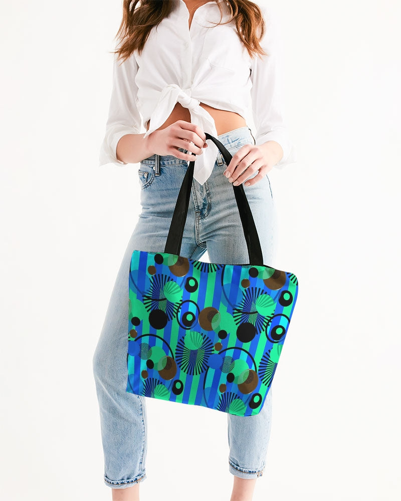 Blue Green Stripes and Dots Canvas Zip Tote