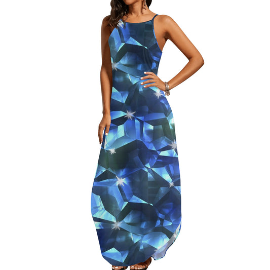 Blue Crystal Pattern Womens Elegant Sleeveless Party Dress
