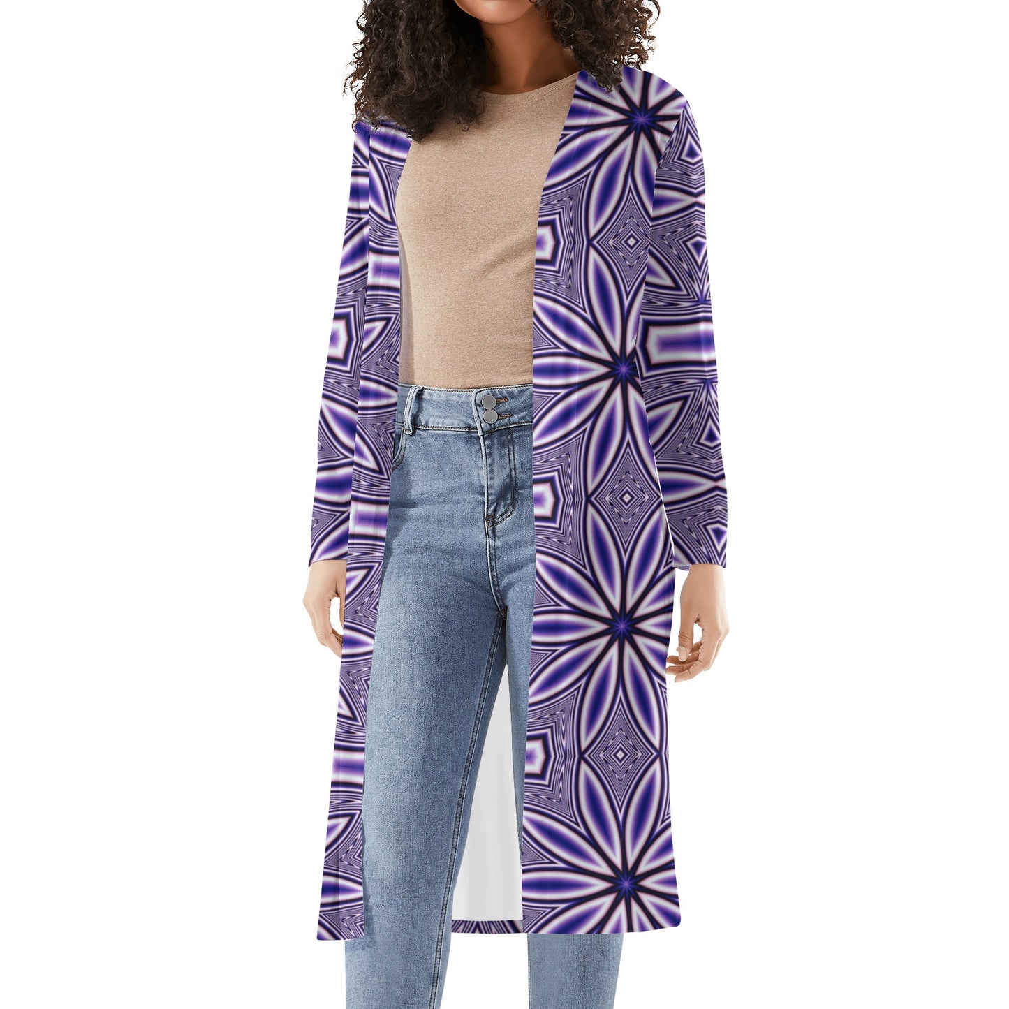 Blue Flower Kaleidoscope Womens Long Sleeve Jacket Cardigan