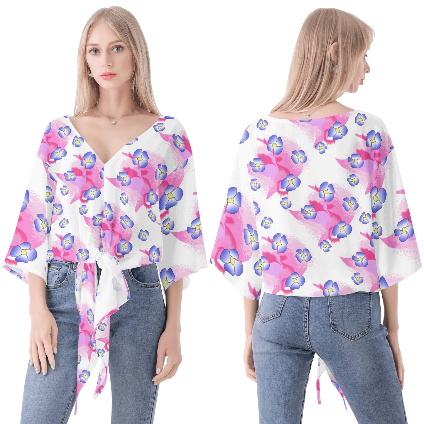 Blue Flowers On Pink Women‘s’ V-neck Streamers Blouse