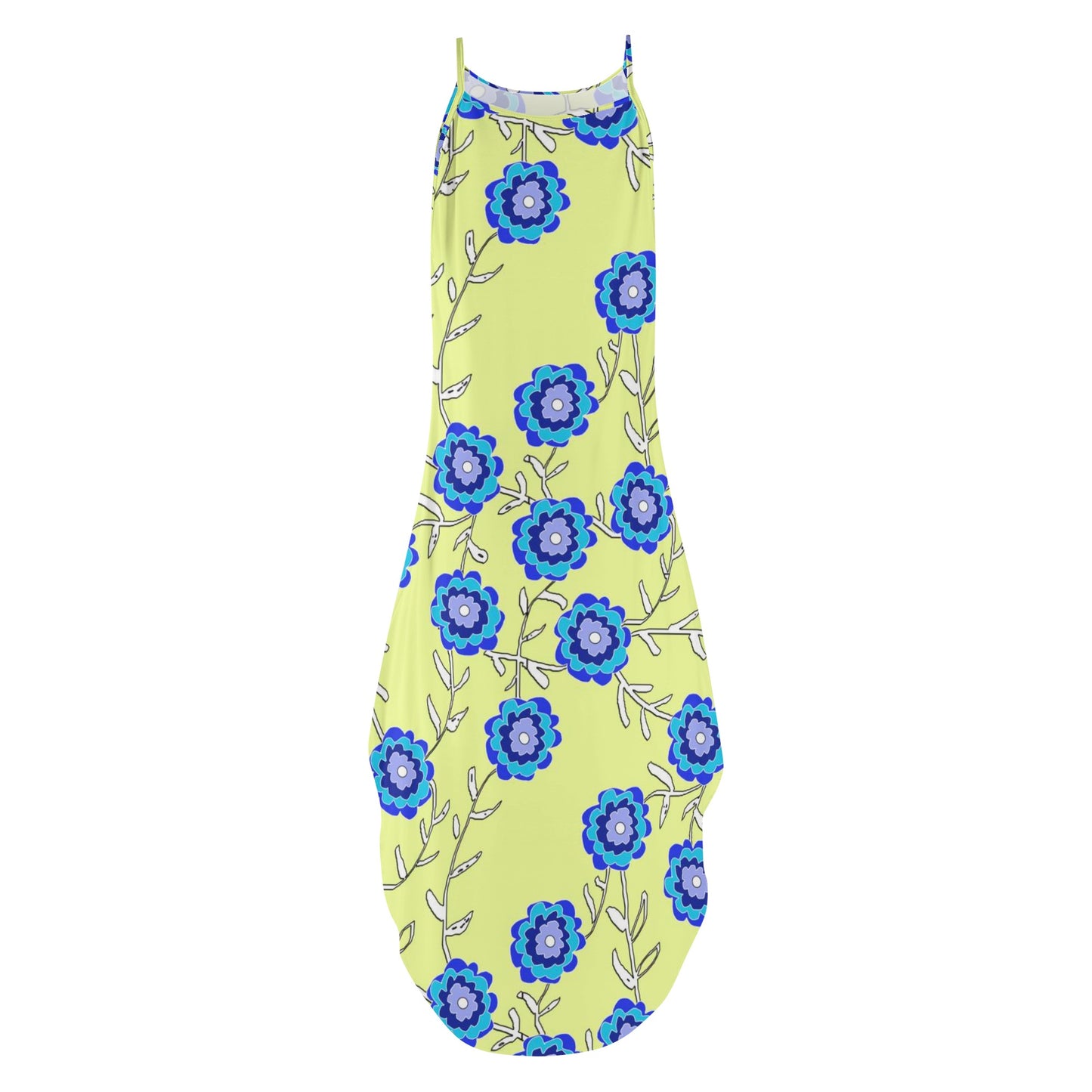 Blue Flowers On Yellow Womens Elegant Sleeveless Party Dress