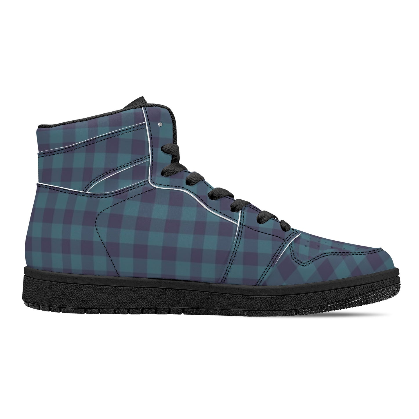 Blue Gingham Womens Black High Top Leather Sneakers