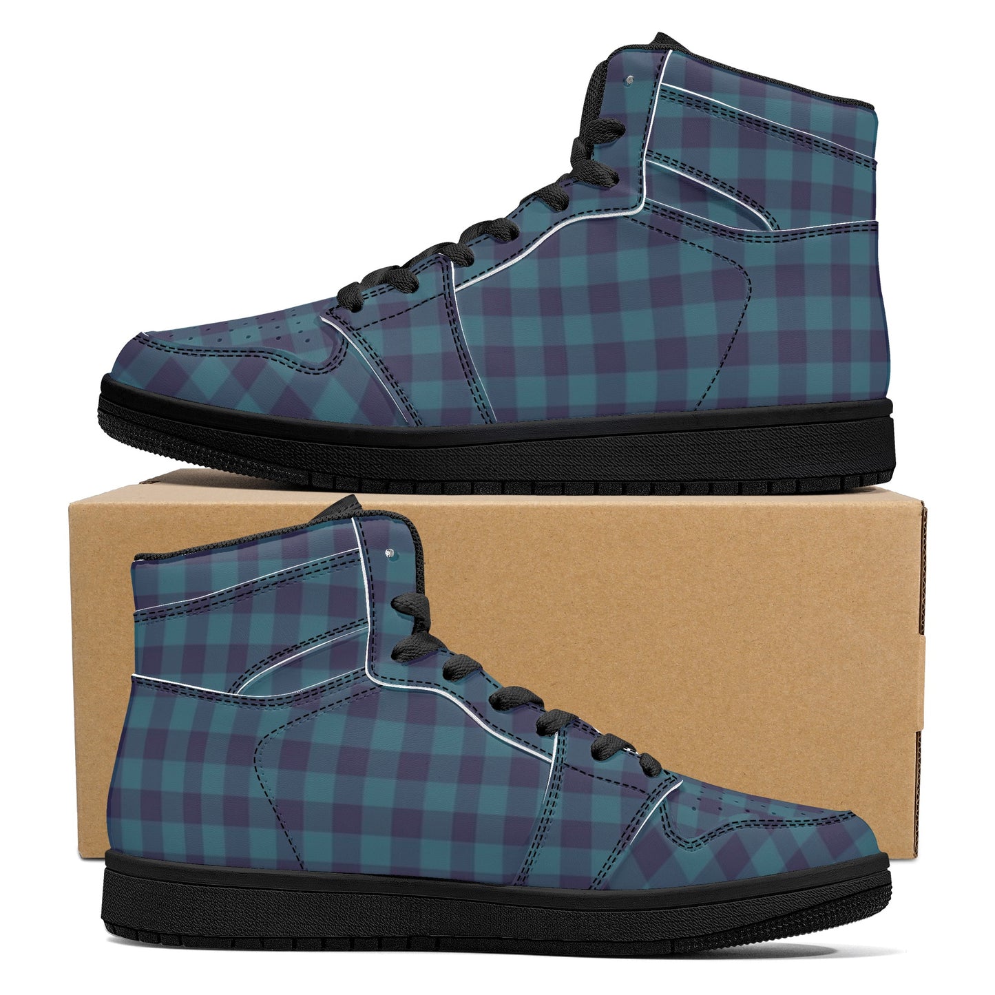 Blue Gingham Womens Black High Top Leather Sneakers