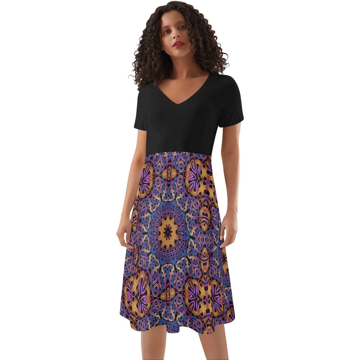 Blue Gold Celtic Kaleidoscope Womens Black Ruffle Summer Dress