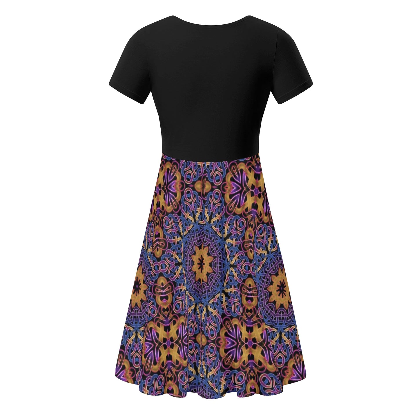 Blue Gold Celtic Kaleidoscope Womens Black Ruffle Summer Dress