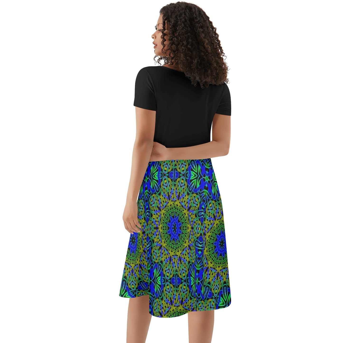 Blue Green Celtic Kaleidoscope Womens Black Ruffle Summer Dress