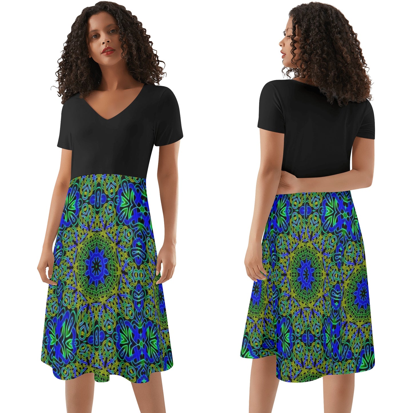 Blue Green Celtic Kaleidoscope Womens Black Ruffle Summer Dress