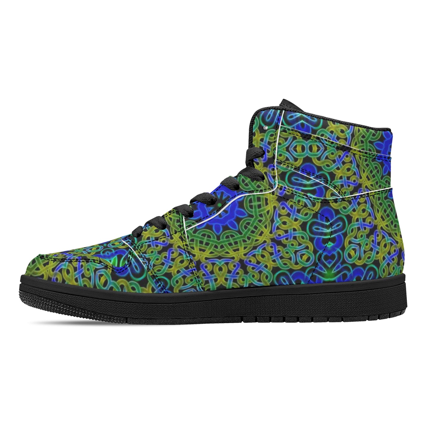 Blue Green Celtic Kaleidoscope Womens Black High Top Leather Sneakers
