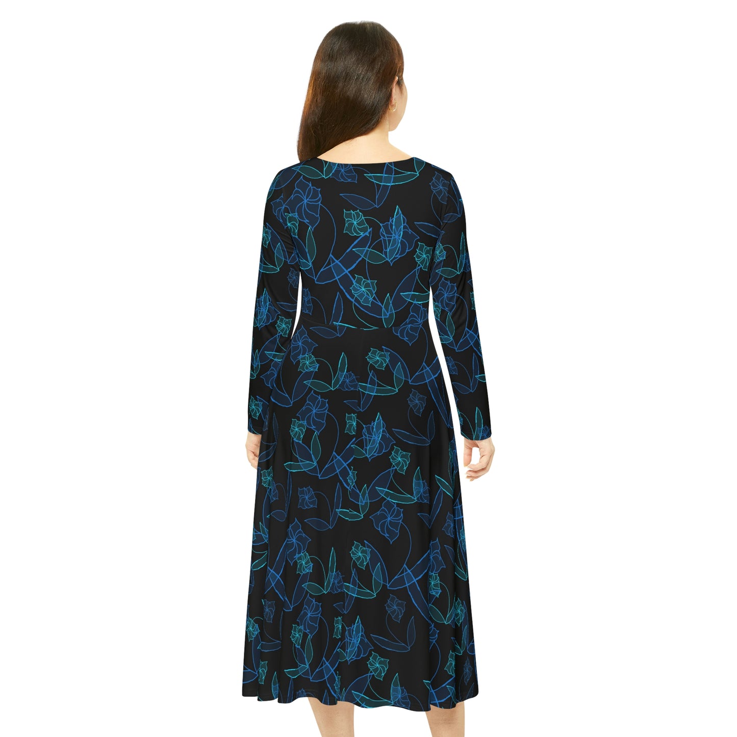 Blue Lillies On Black Women's Long Sleeve Dance Dress (AOP)