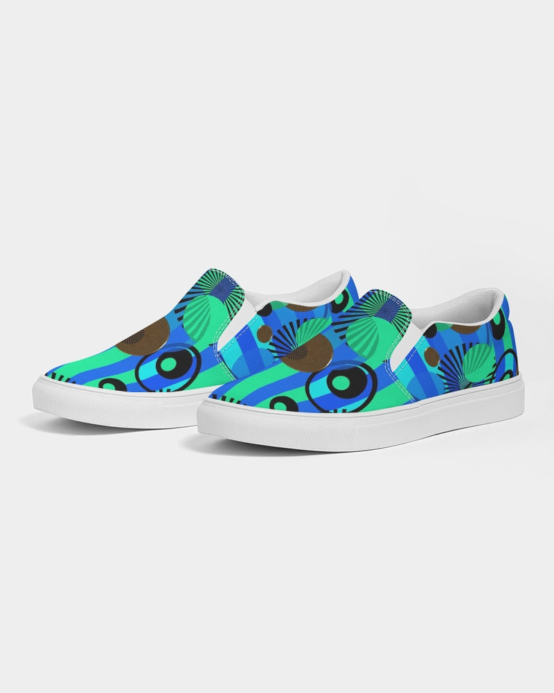 Blue Green Stripes and Dots Women's Slip-On Canvas Shoe