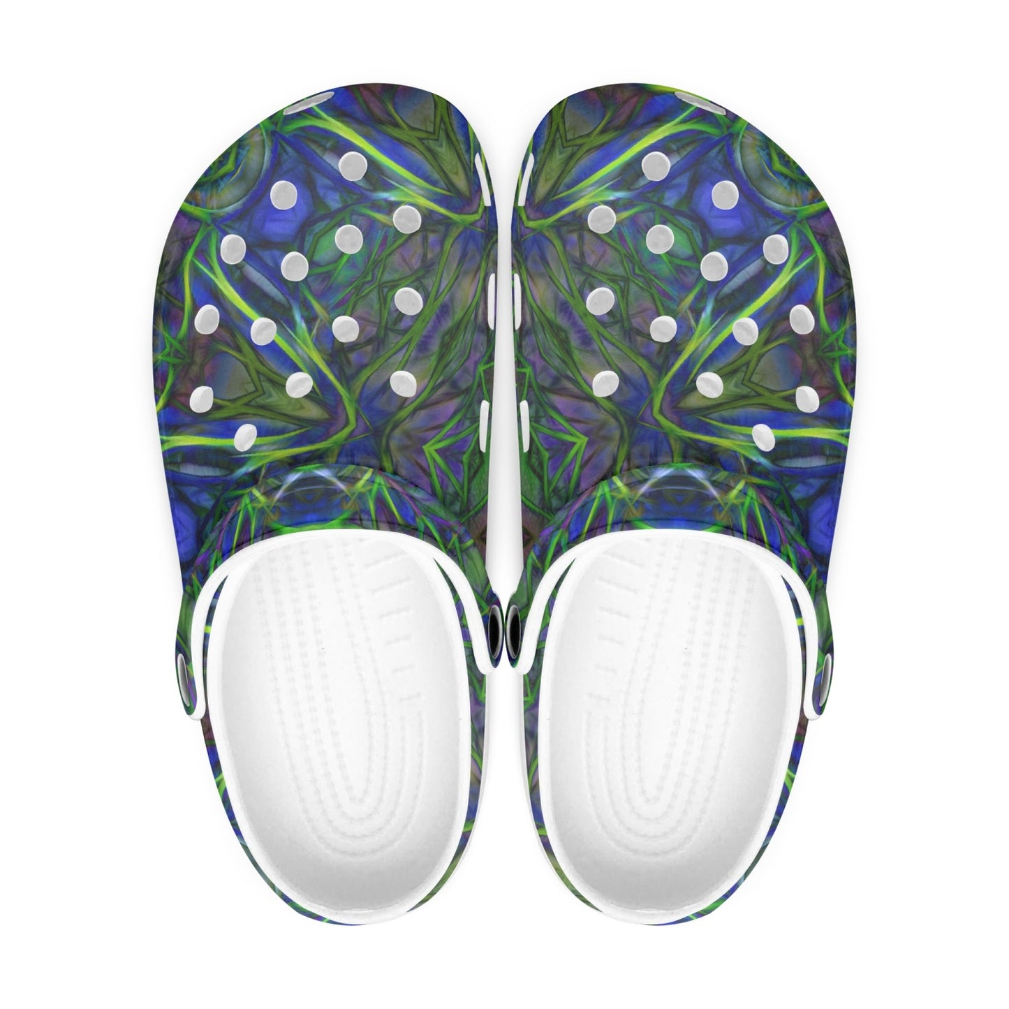 Blue Green Ribbon Kaleidoscope 413. All Over Printed Clogs