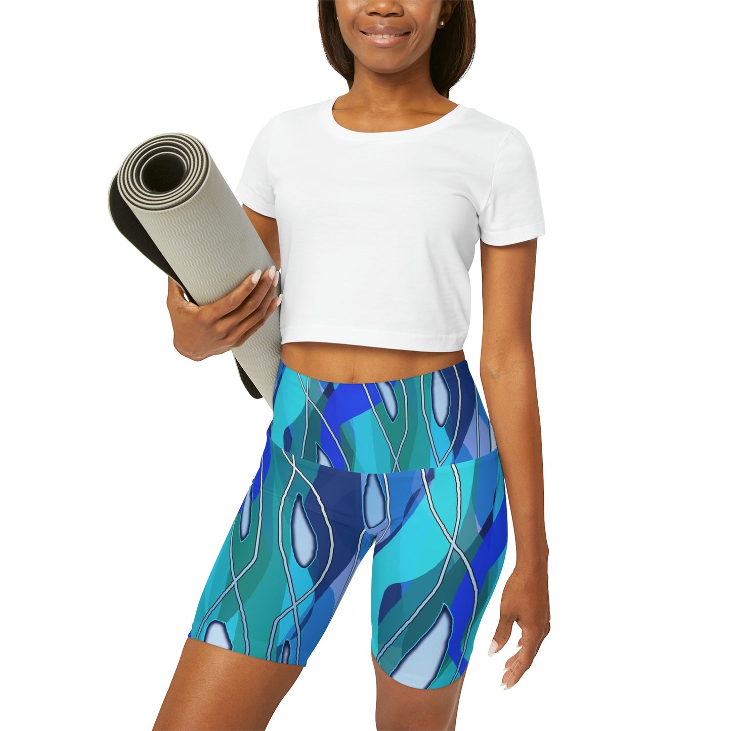 Wavy Blue Abstract High Waisted Yoga Shorts (AOP)