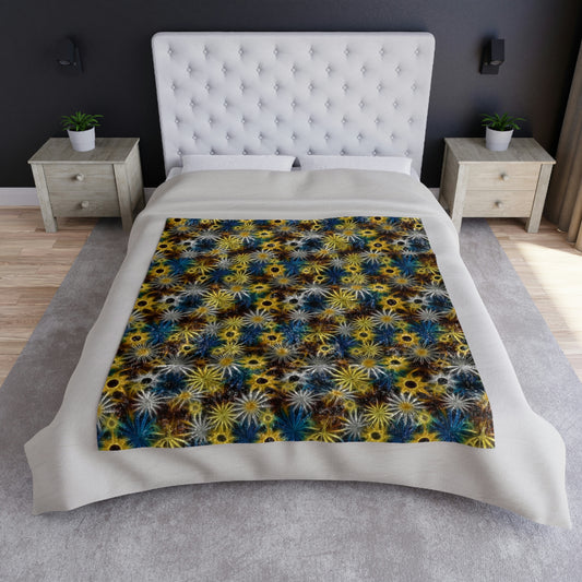Blue and Yellow Glowing Daisies Crushed Velvet Blanket