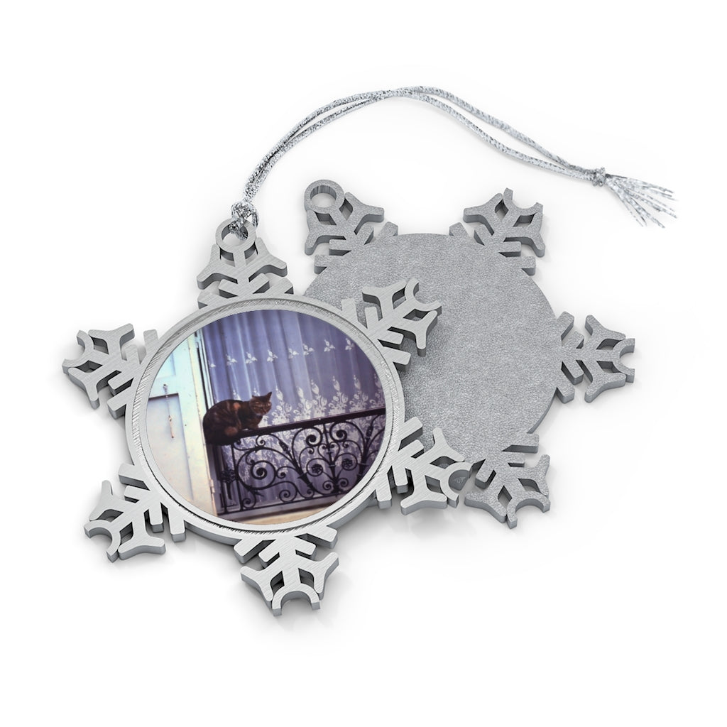 Vintage Travel Cat on a French Balcony Pewter Snowflake Ornament