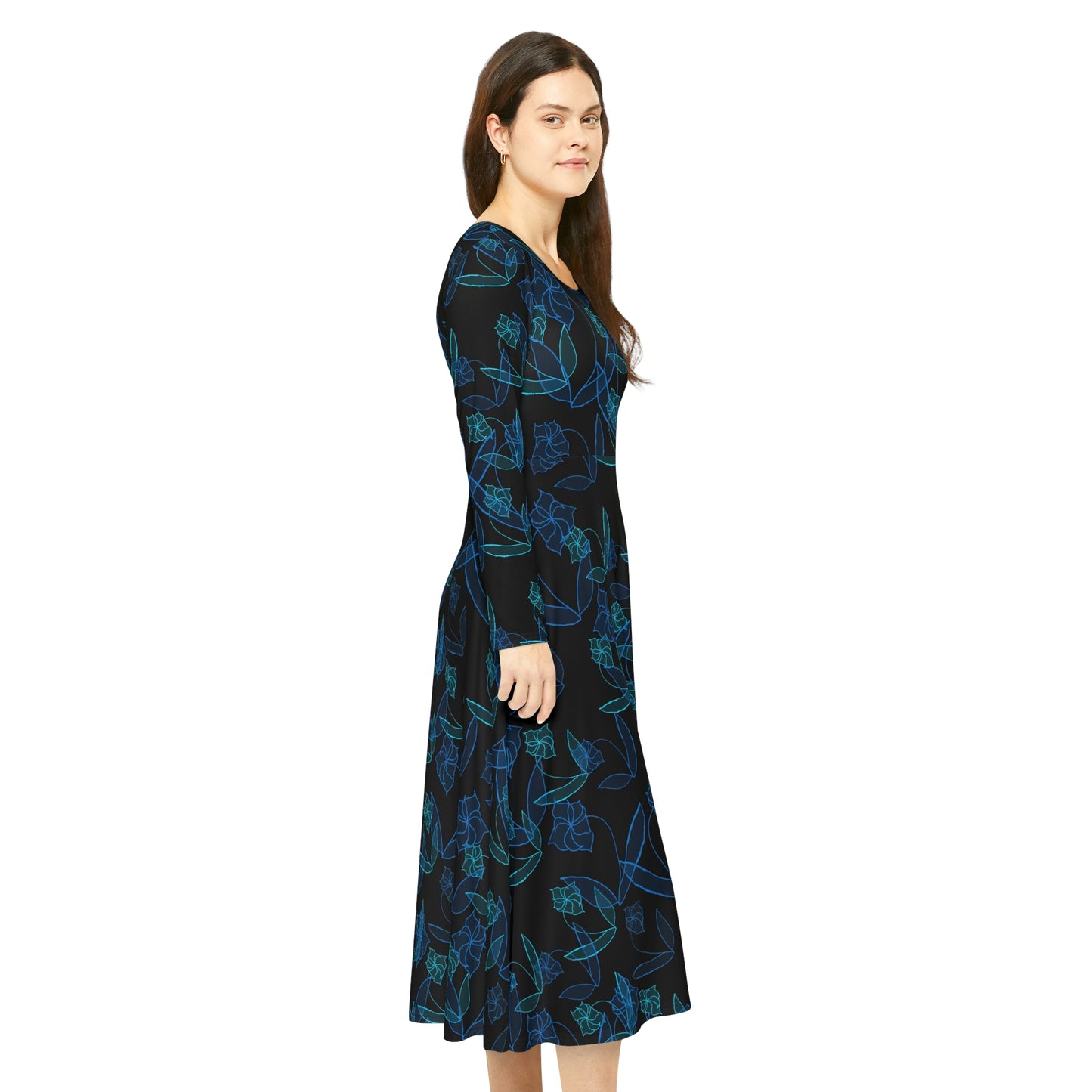 Blue Lillies On Black Women's Long Sleeve Dance Dress (AOP)