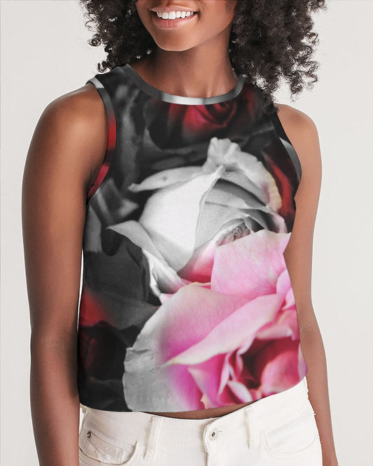 Black and White Roses Fade Women's Cropped Tank