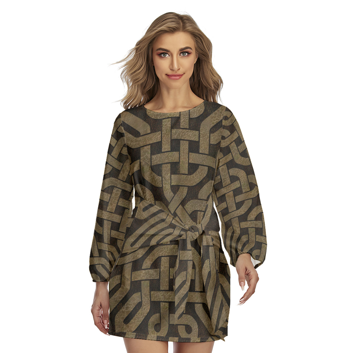 Light Leather Look Celtic Knot All-Over Print Women's Lantern Sleeve Dress