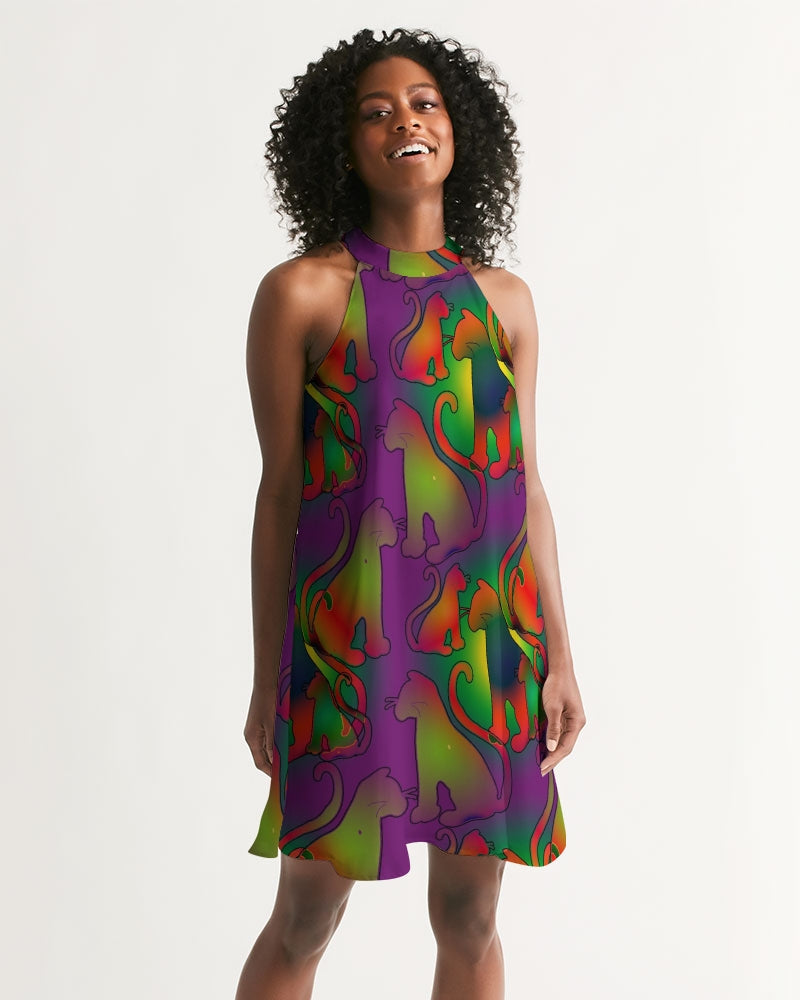 Abstract Rainbow Cats Pattern Women's Halter Dress