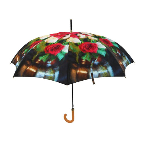 Red and White Roses On Black In Vase Umbrella