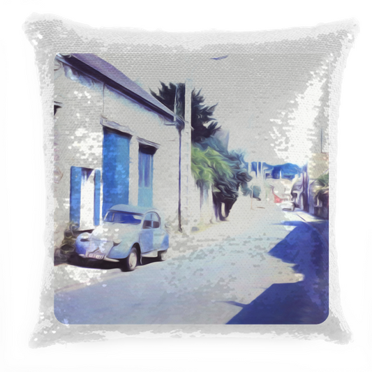 Cuscino Pailettes Vintage Blue Car On The Street Sequin Pillow
