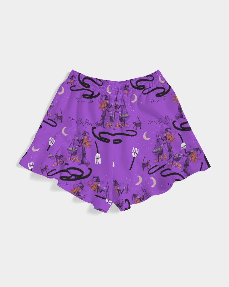 Witch Cat Cauldron Pattern Women's Ruffle Shorts