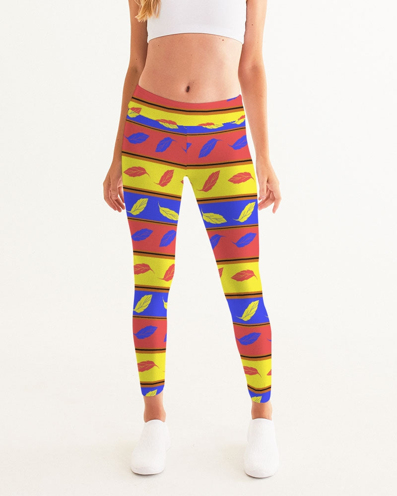 Red Yellow and Blue Leaf Stripes Women's Yoga Pants