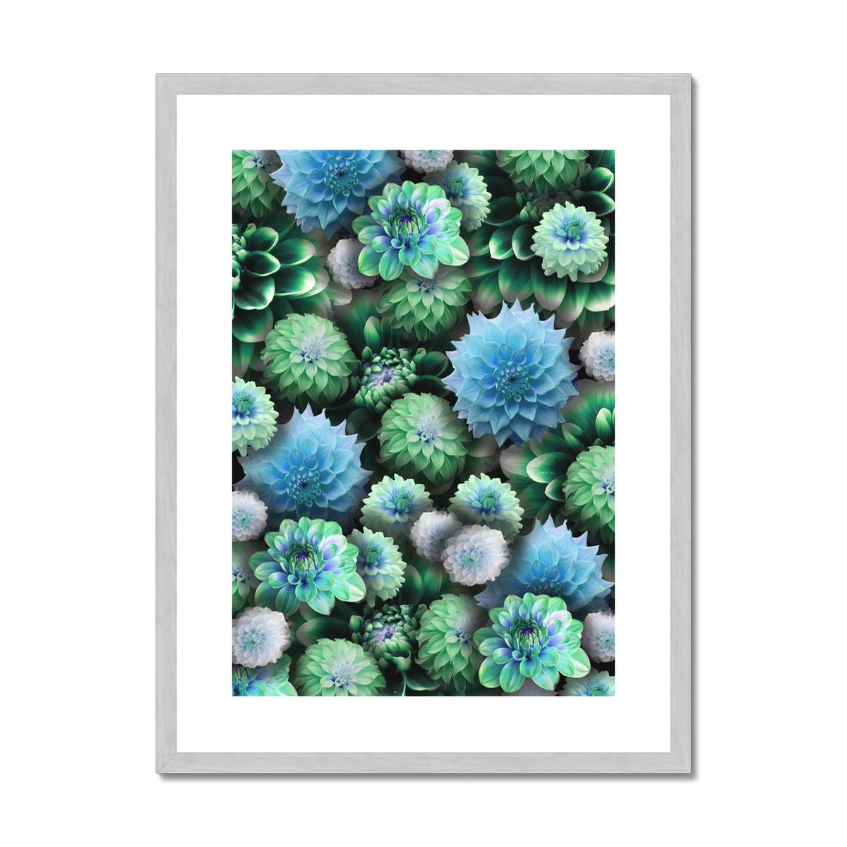 Blue Green Dahlias Antique Framed & Mounted Print