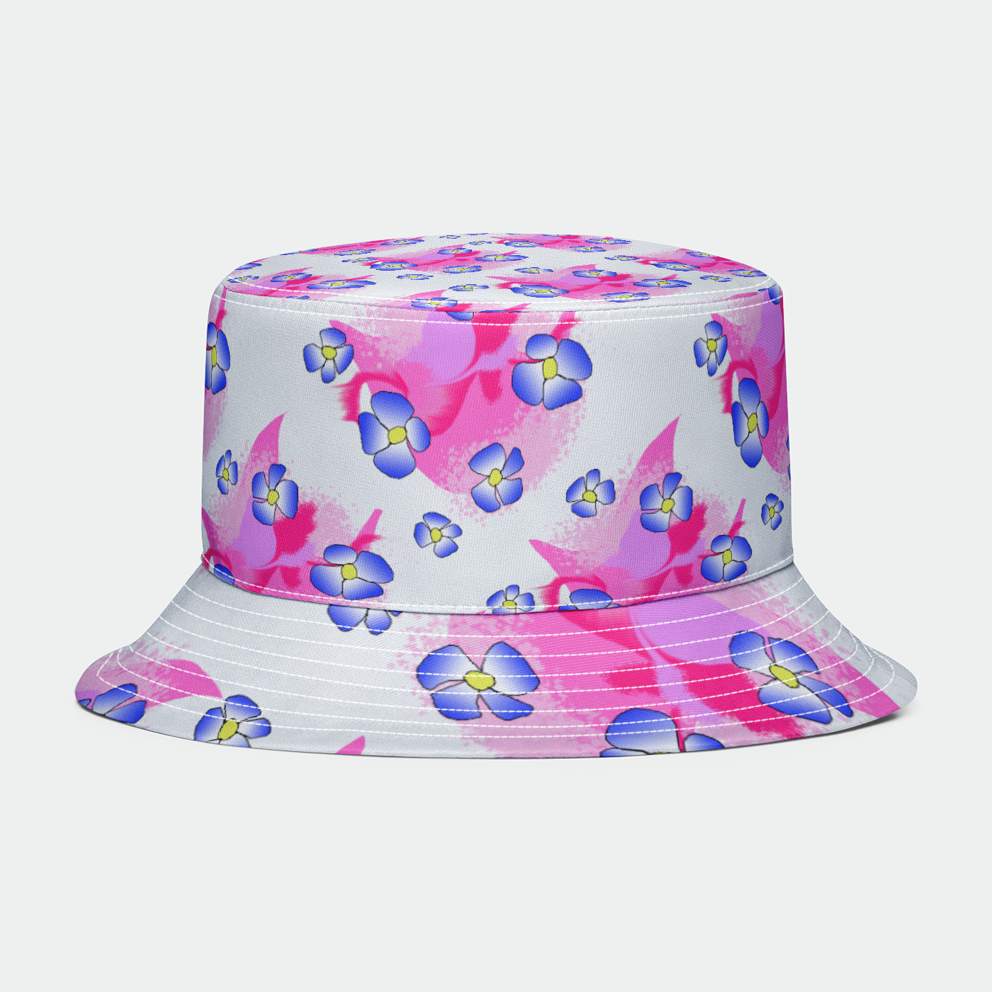 Blue Flowers On Pink Bucket Hat
