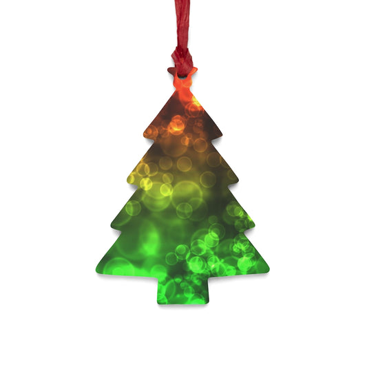Red Green Bokeh Lights Wooden Christmas Ornaments