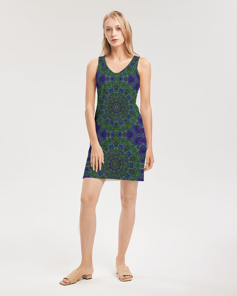 blue Green Ribbon Kaleidoscope Women's Rib Knit V Neck Mini Dress