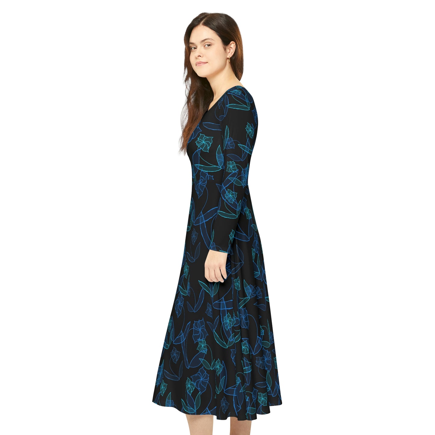 Blue Lillies On Black Women's Long Sleeve Dance Dress (AOP)