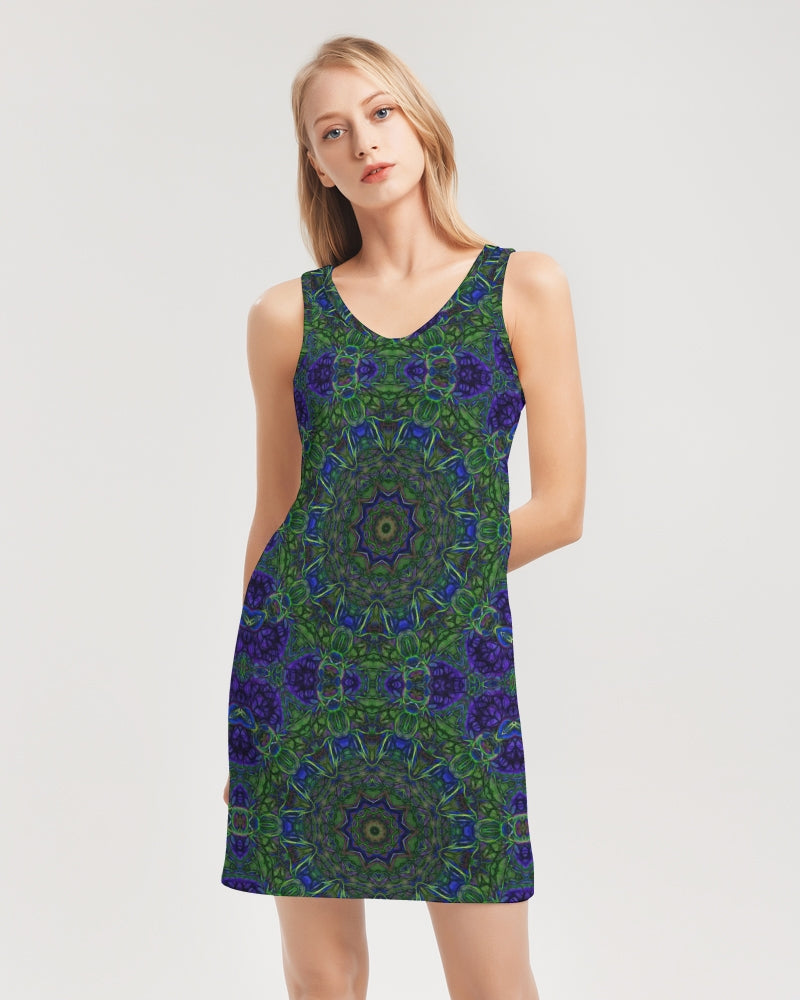 blue Green Ribbon Kaleidoscope Women's Rib Knit V Neck Mini Dress