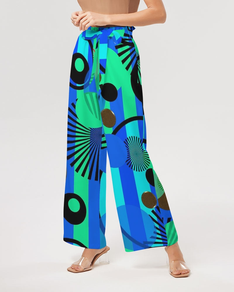 Blue Green Stripes and Dots Women's High-Rise Wide Leg Pants