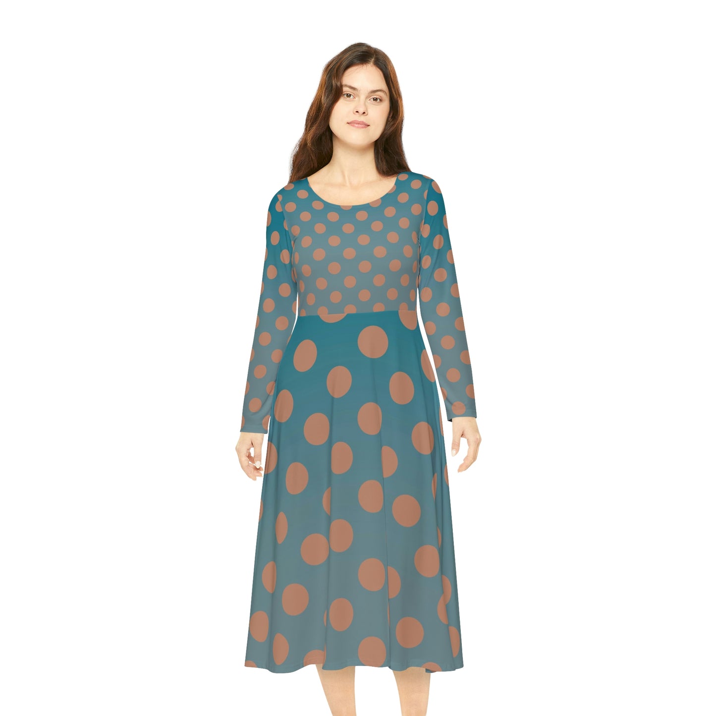 Denim and Brown Polkadots Women's Long Sleeve Dance Dress