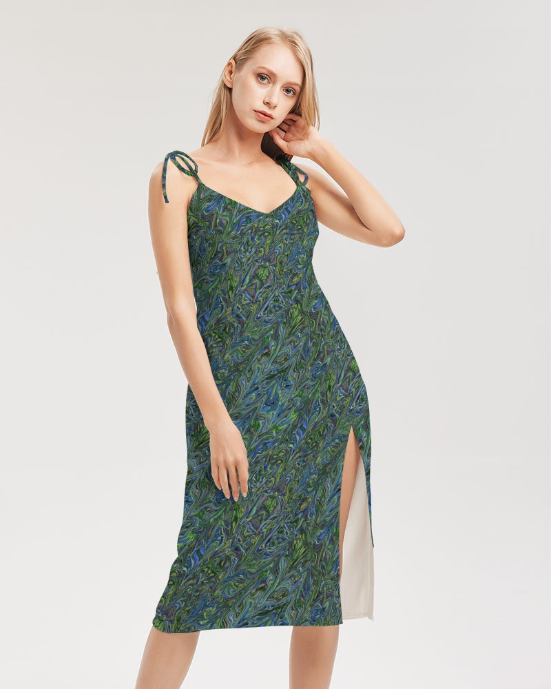 Blue Green Liquid Marbling Women's Tie Strap Split Dress