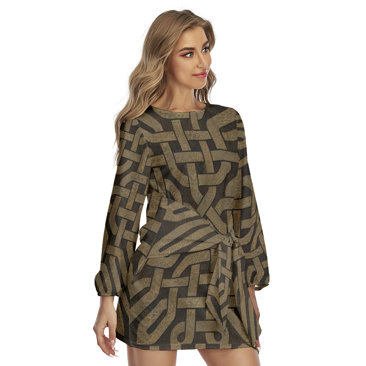 Light Leather Look Celtic Knot All-Over Print Women's Lantern Sleeve Dress