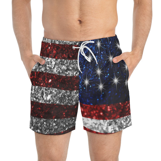 American Flag in Glitter Swim Trunks